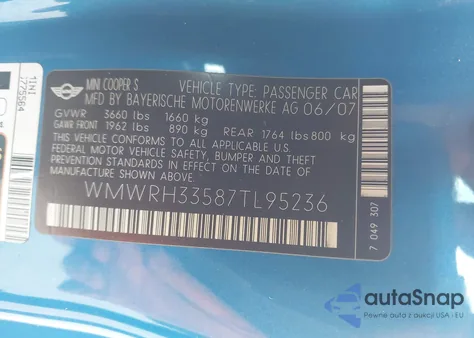 2007 Mini Cooper S from USA, damaged, VIN WMWRH33587TL95236